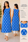 The Specific Royal Blue Leaf Print Sleeveless Kurti