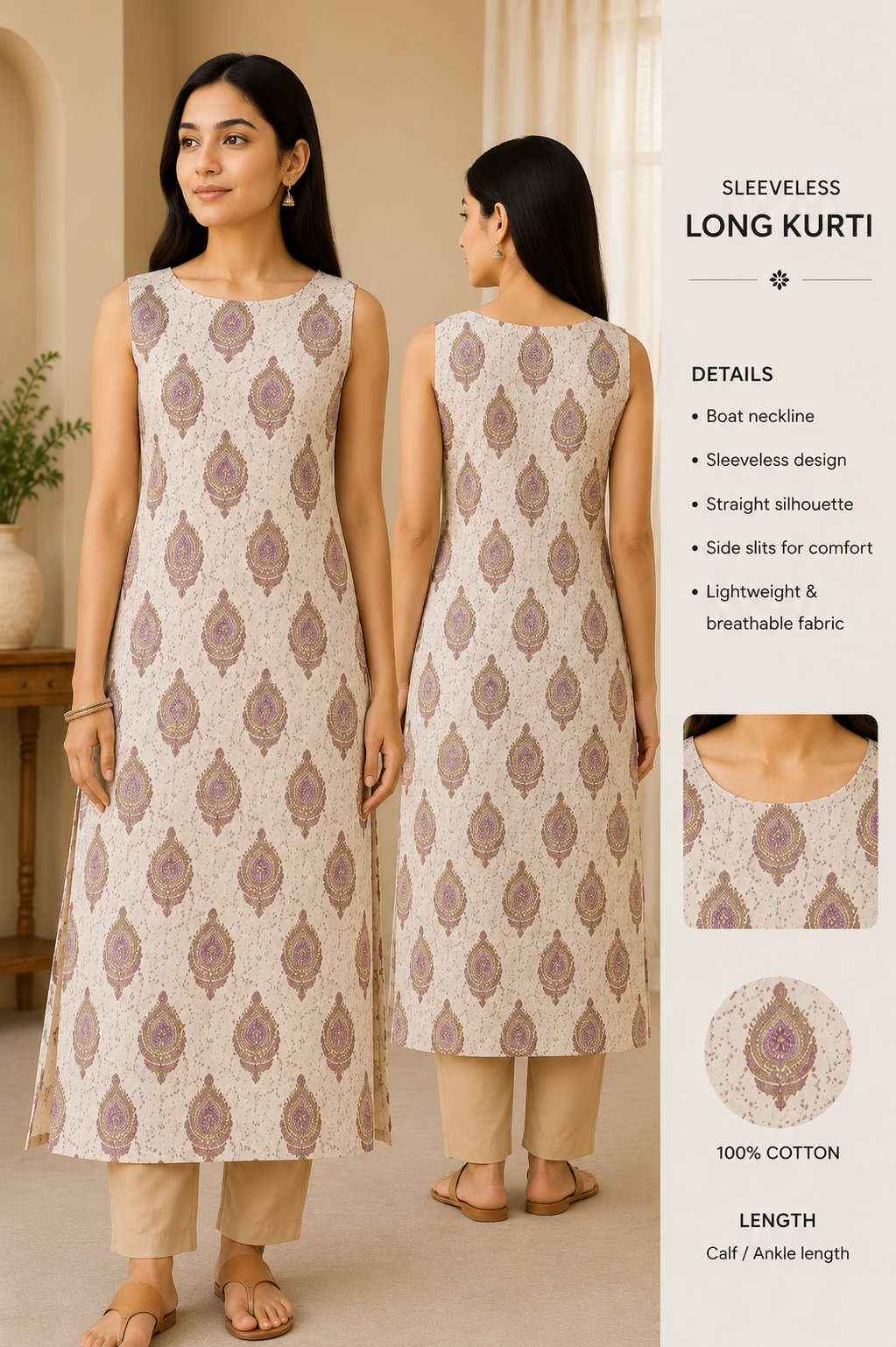 The Specific Ivory Paisley Sleeveless Cotton Kurti