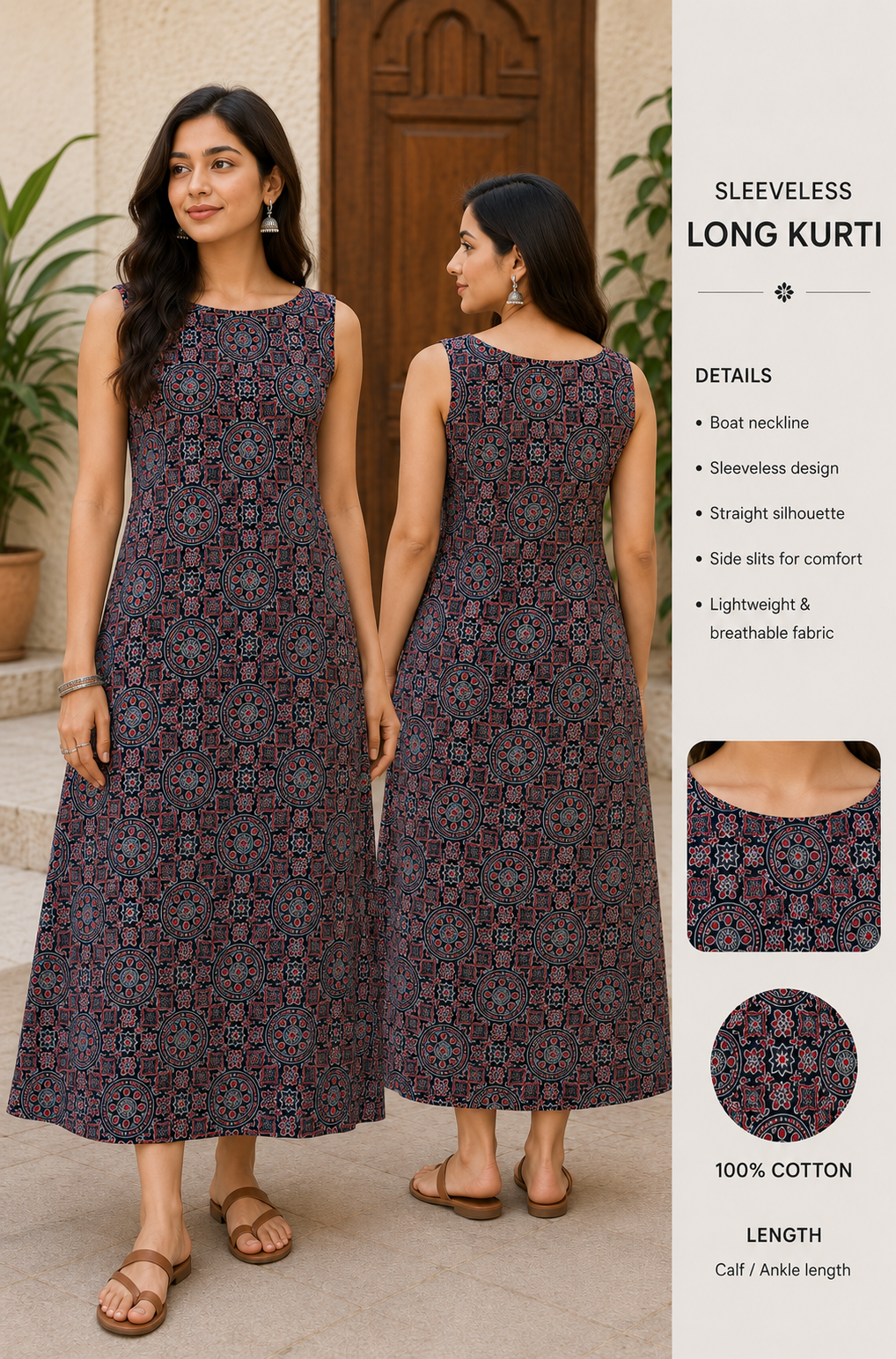 THE SPECIFIC Clothing Women Pure Cotton Sleeveless Long Kurti (Without Sleeve)