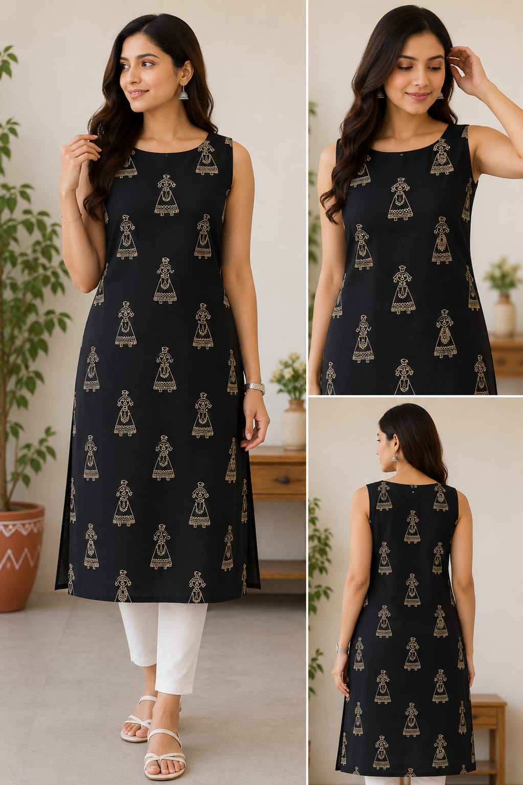 The Specific Noir Doll Print Sleeveless Kurti